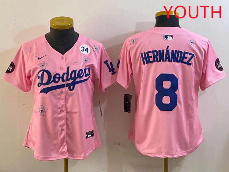 Youth Los Angeles Dodgers #8 Hernandez Pink Sakura Edition 2025 Nike MLB Jersey style 4